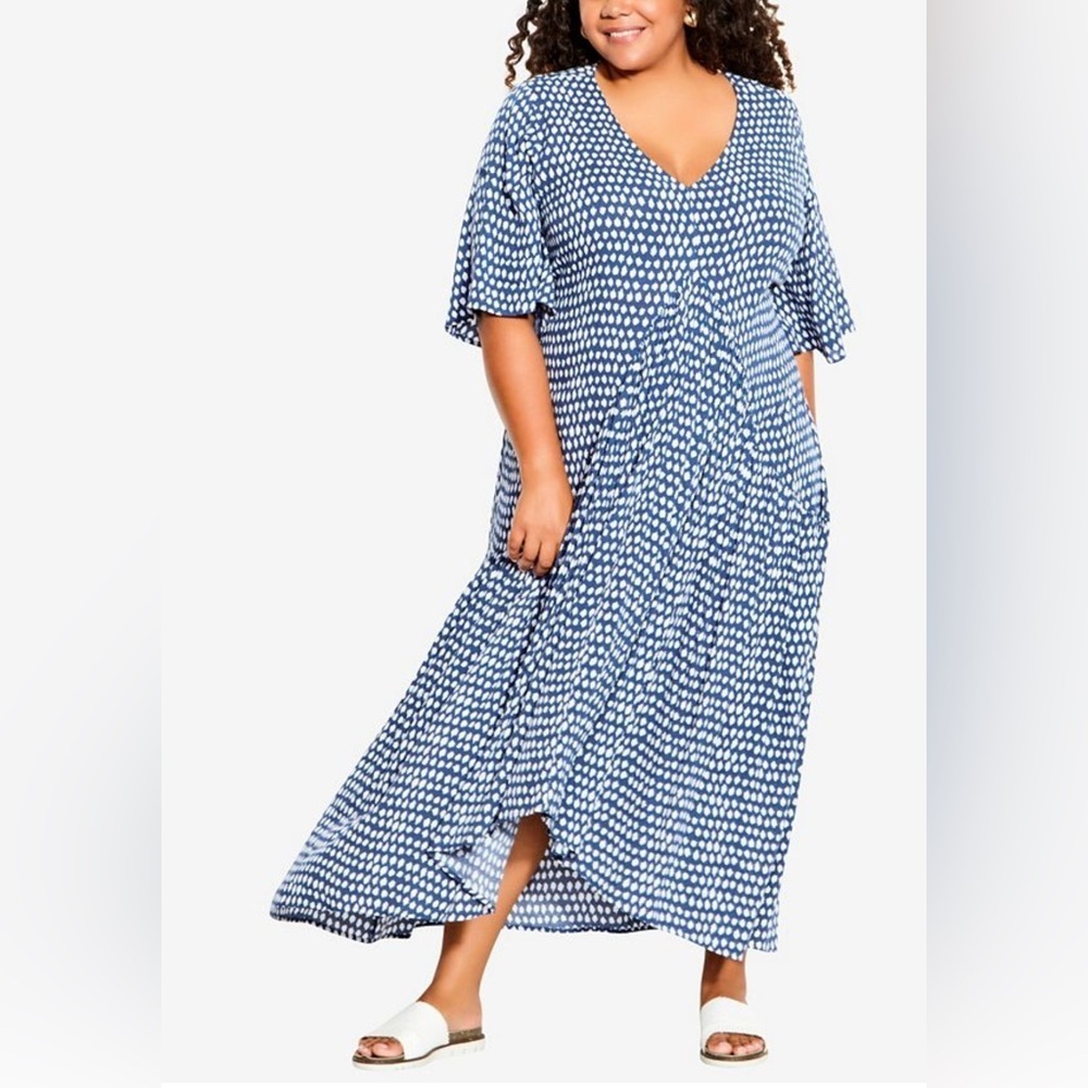 Plus Size Blue Patterned V-Neck Maxi Dress